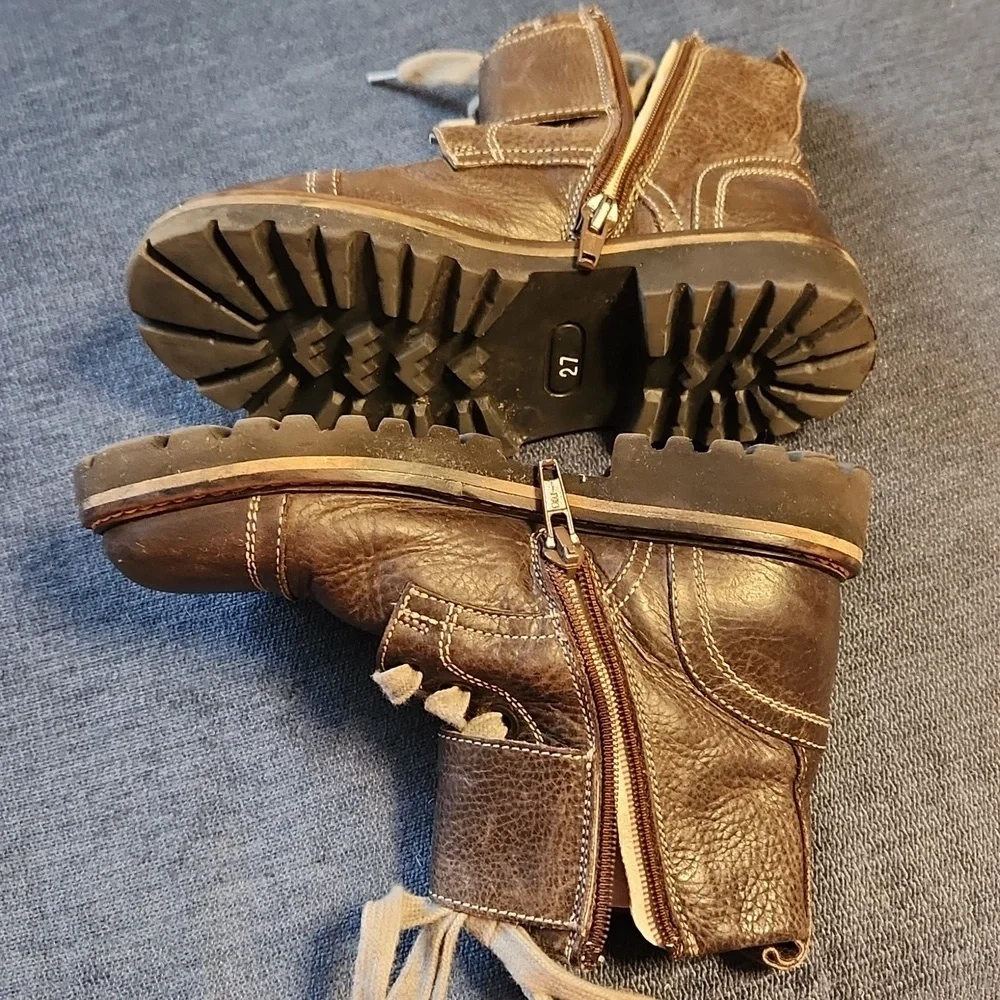 Montelpare Kids Brown Leather Double Bukled Zip-up & Lace-up Ankle Boots sz 27